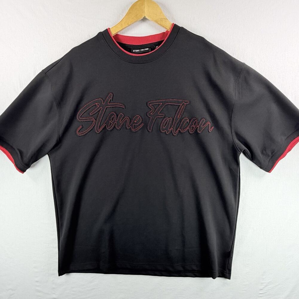 Stone Falcon Script Men’s Short Sleeve Shirt Cross Graphic Size M Black Red NWT